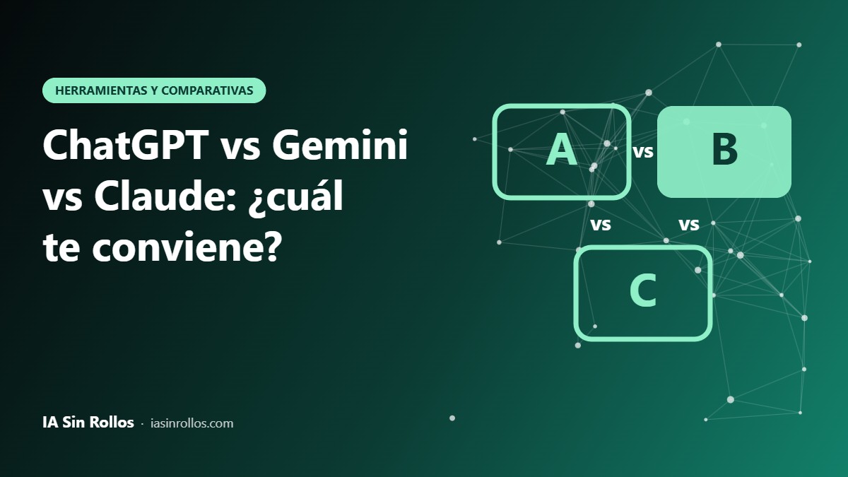 Ilustración con tres burbujas de chat enfrentadas y el titular ChatGPT vs Gemini vs Claude